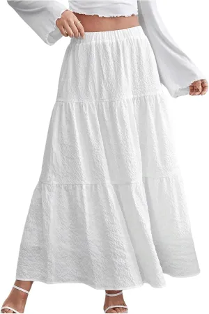 WDIRARA Women's Elastic Waist Ruffle Hem Flared Skirt Casual Flowy A Line Long Skirts