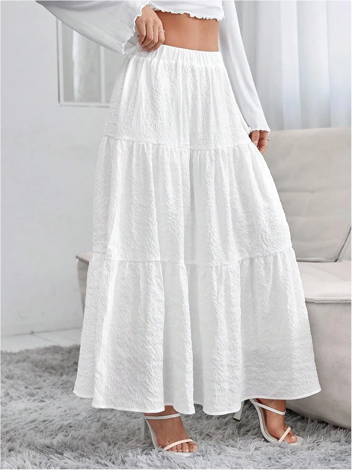 WDIRARA Women's Elastic Waist Ruffle Hem Flared Skirt Casual Flowy A Line Long Skirts