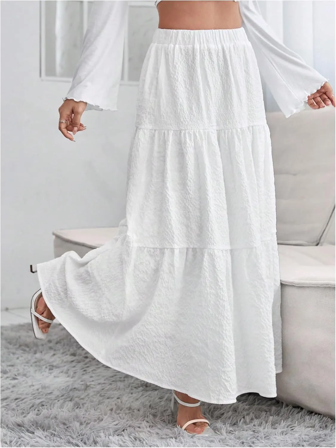 WDIRARA Women's Elastic Waist Ruffle Hem Flared Skirt Casual Flowy A Line Long Skirts