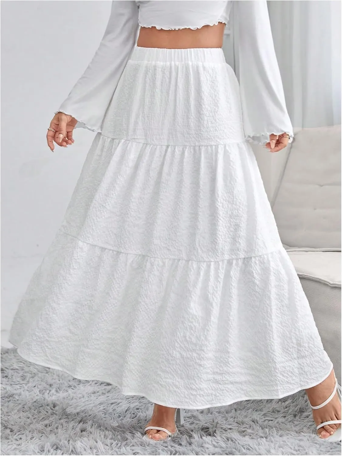 WDIRARA Women's Elastic Waist Ruffle Hem Flared Skirt Casual Flowy A Line Long Skirts