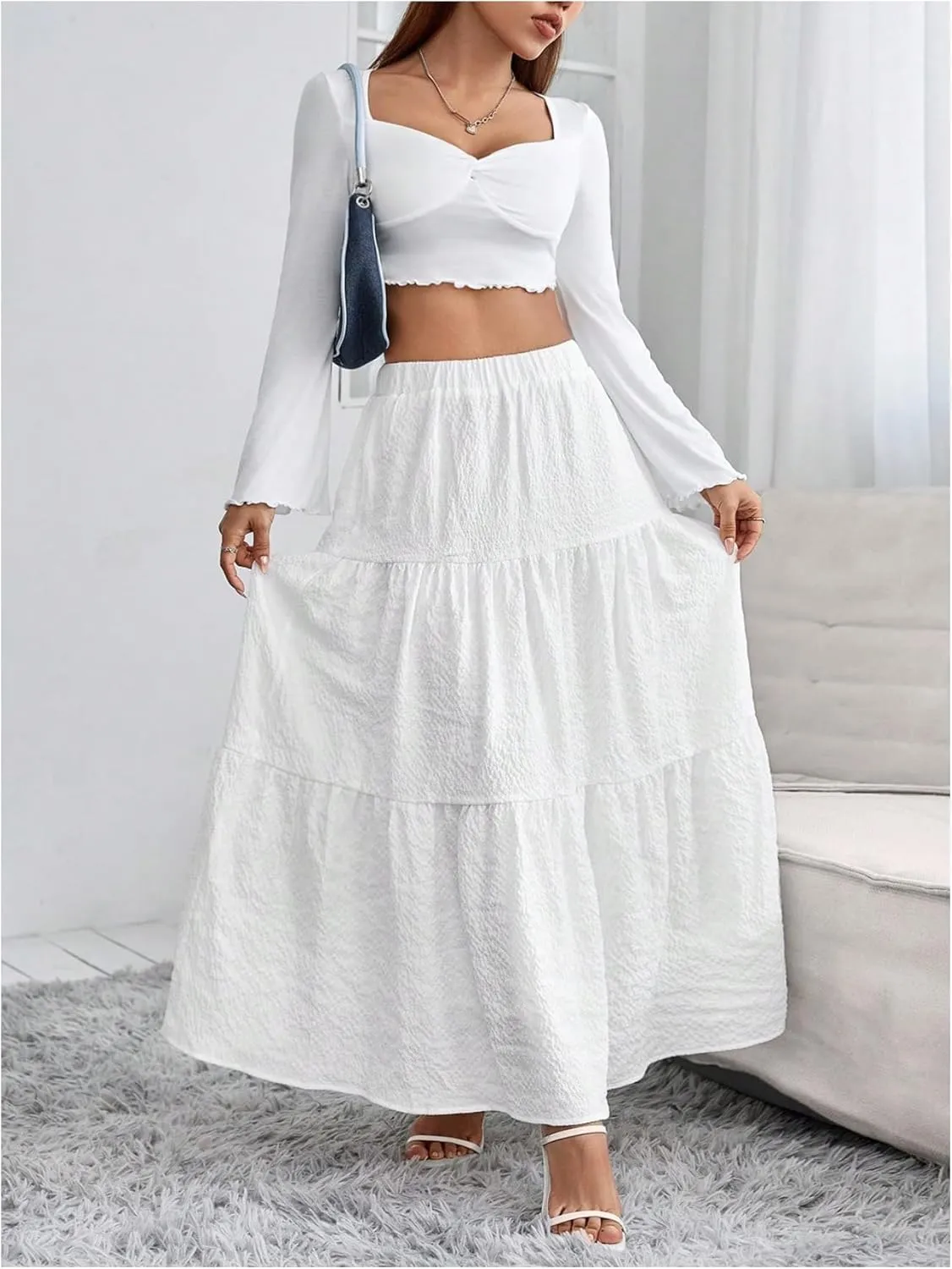 WDIRARA Women's Elastic Waist Ruffle Hem Flared Skirt Casual Flowy A Line Long Skirts