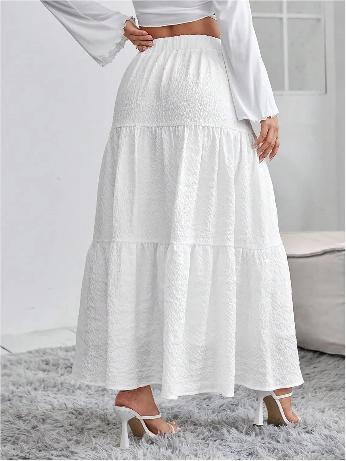 WDIRARA Women's Elastic Waist Ruffle Hem Flared Skirt Casual Flowy A Line Long Skirts