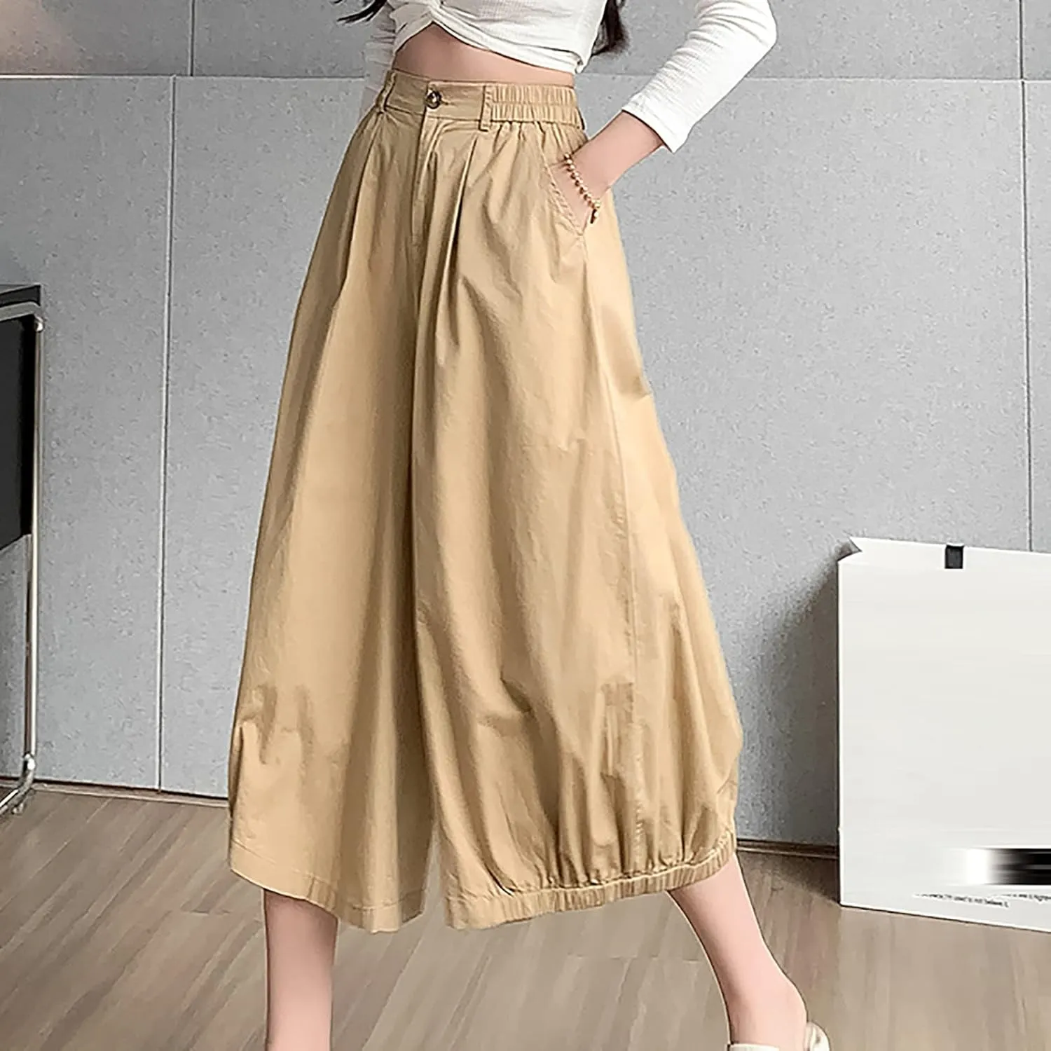 Wide Leg Pants for Women Culottes Pants Lightweight Loose Fit Summer Trousers Elastic High Waist Pants Cinch Bottom