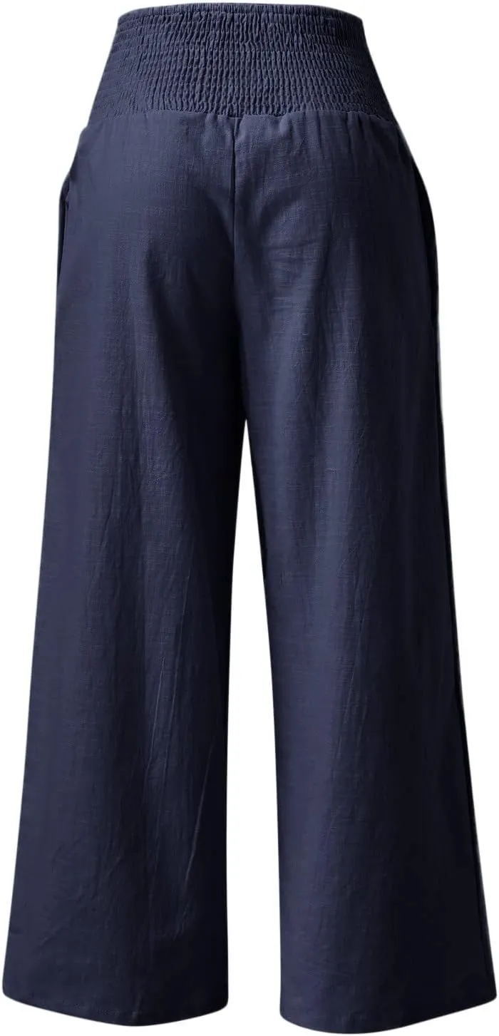 Wide Leg Pants for Women High Smocked Waist Comfy Loose Fit Flowy Summer Beach Lightweight Palazzo Trousers with Pockets