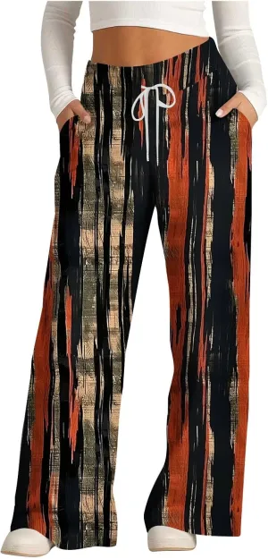 Wide Leg Sweatpants for Women High Waist Drawstring Workout Trousers Striped Print Loose Flowy Y2K Pants with Pockets