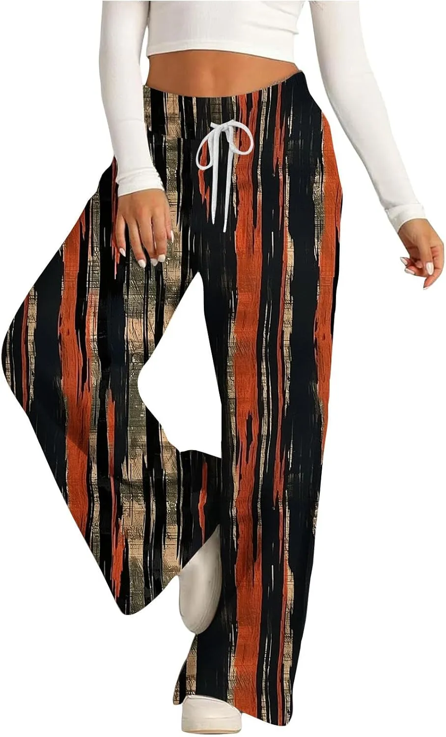 Wide Leg Sweatpants for Women High Waist Drawstring Workout Trousers Striped Print Loose Flowy Y2K Pants with Pockets