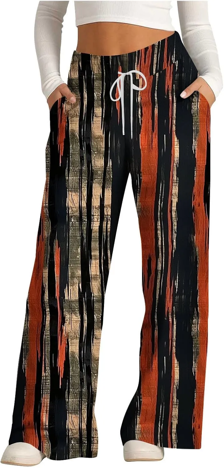 Wide Leg Sweatpants for Women High Waist Drawstring Workout Trousers Striped Print Loose Flowy Y2K Pants with Pockets