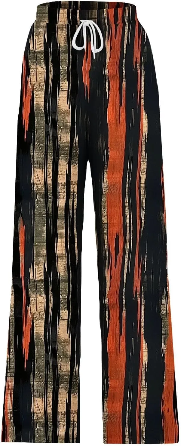 Wide Leg Sweatpants for Women High Waist Drawstring Workout Trousers Striped Print Loose Flowy Y2K Pants with Pockets
