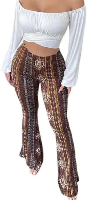 Winioder Women Boho Flare Pants High Waisted Stretch Bell Bottom Yoga Pants Hippie Flared Leggings 70s Wide Leg Palazzo Pants