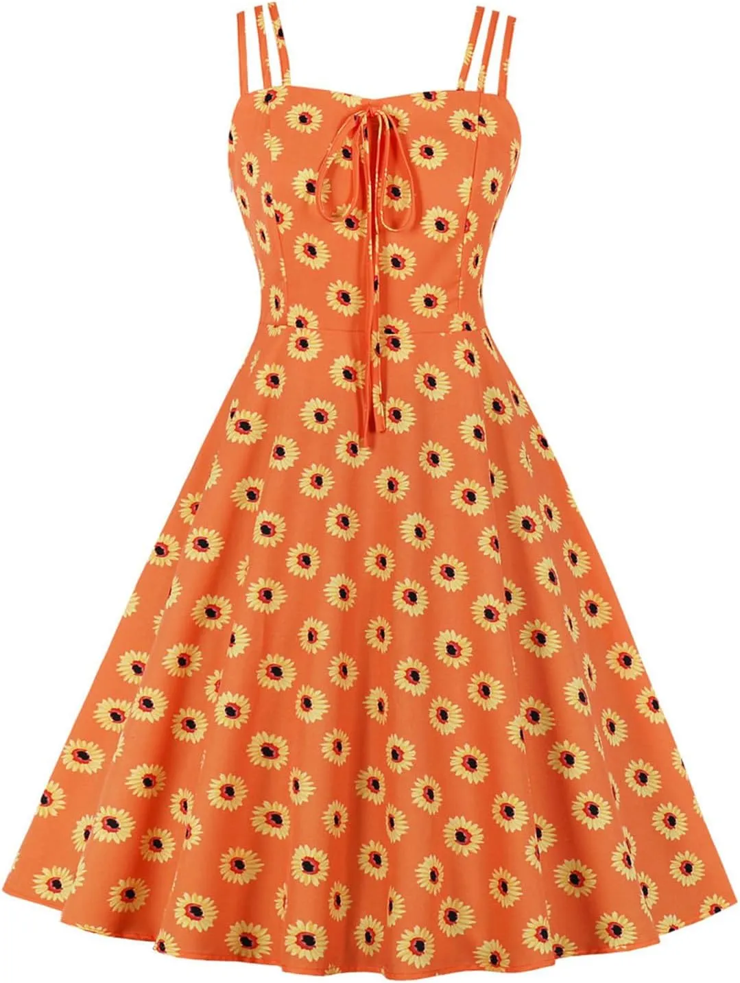 Women 1950s Retro Dress Daisy Print Swing Cocktail Dresses Spaghetti Straps Tie Front Plus Size Cute Tea Party Dress
