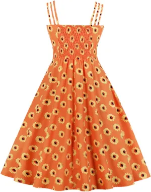 Women 1950s Retro Dress Daisy Print Swing Cocktail Dresses Spaghetti Straps Tie Front Plus Size Cute Tea Party Dress