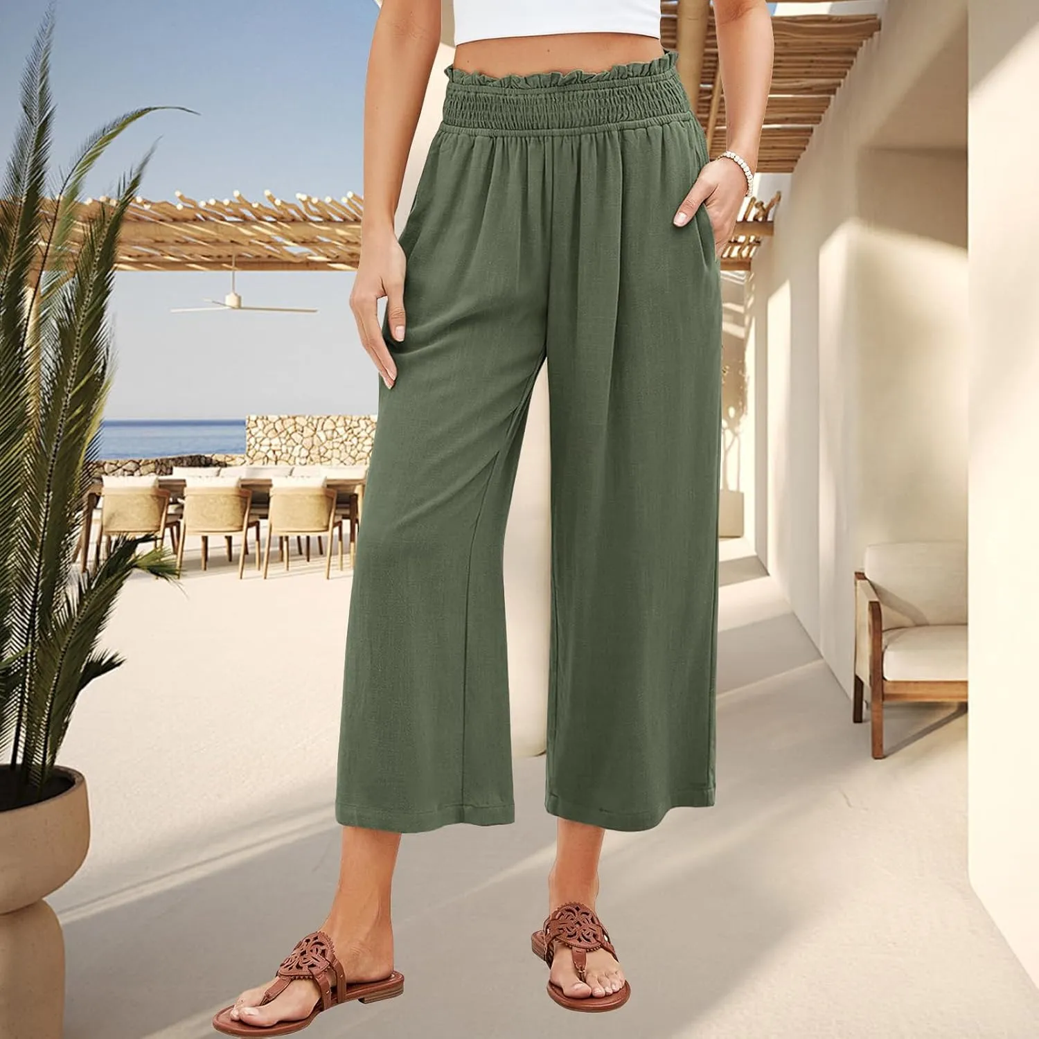 Women Capri Pants High Waisted Wide Leg Linen Palazzo Trousers Casual Loose Flowy Smock Waist Pants with Pockets