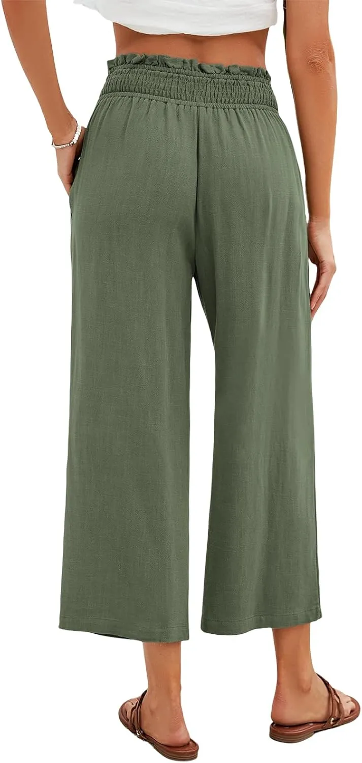 Women Capri Pants High Waisted Wide Leg Linen Palazzo Trousers Casual Loose Flowy Smock Waist Pants with Pockets