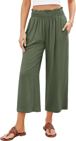 Women Capri Pants High Waisted Wide Leg Linen Palazzo Trousers Casual Loose Flowy Smock Waist Pants with Pockets