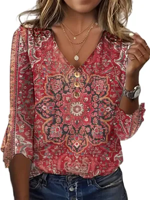 Women Casual Vintage Ethnic Shirts Boho Ethnic Floral Print T Shirt 3/4 Sleeve Button Down Summer Mexican Shirt Top
