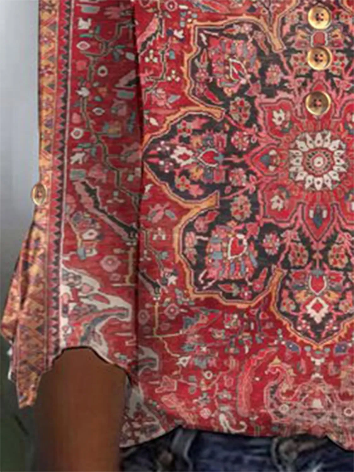 Women Casual Vintage Ethnic Shirts Boho Ethnic Floral Print T Shirt 3/4 Sleeve Button Down Summer Mexican Shirt Top