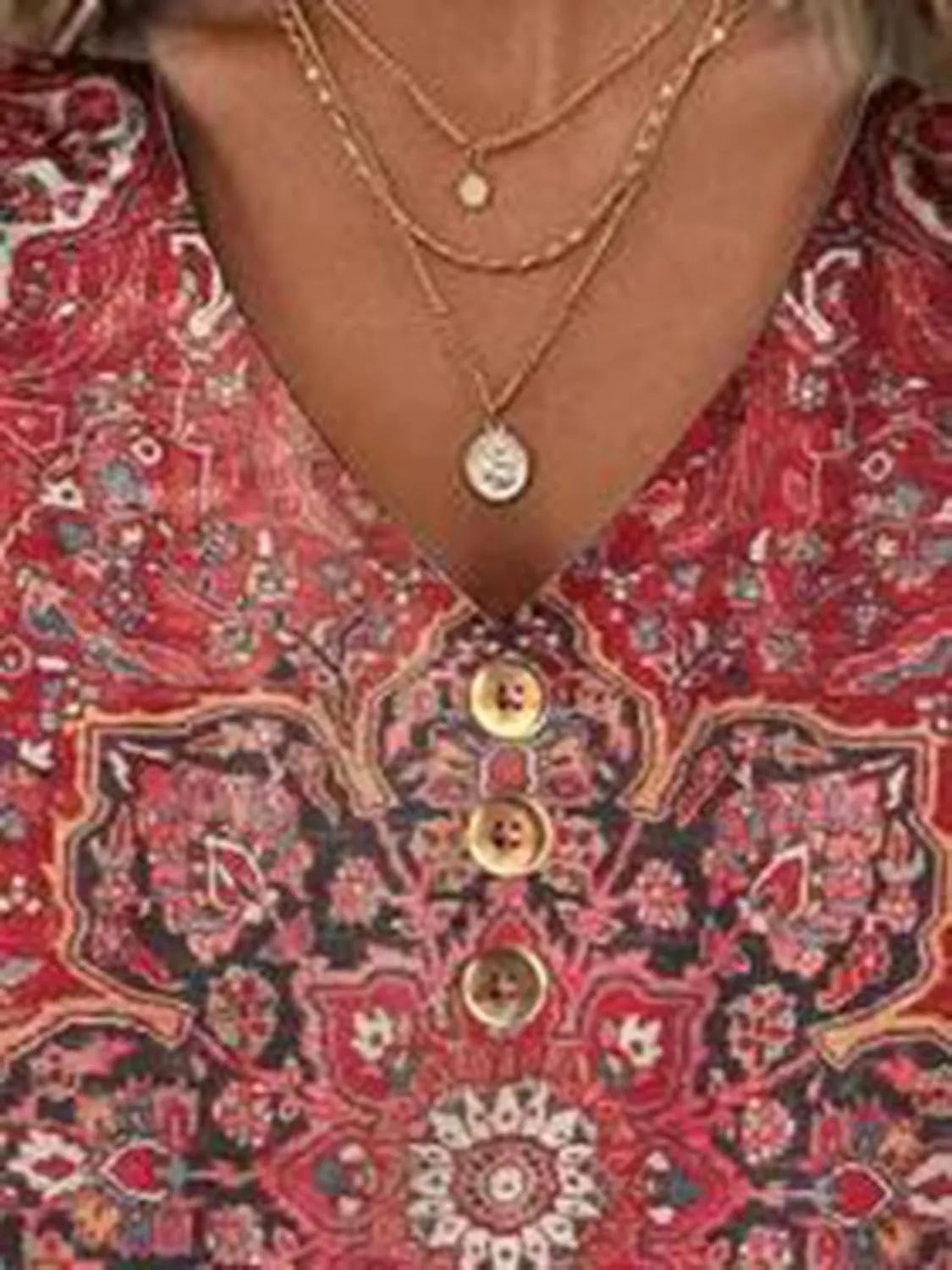 Women Casual Vintage Ethnic Shirts Boho Ethnic Floral Print T Shirt 3/4 Sleeve Button Down Summer Mexican Shirt Top