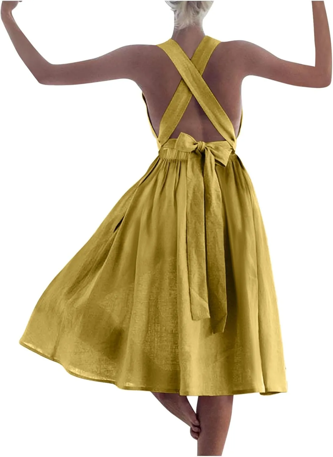 Women Cotton Linen A-line Dress Elegant Cross Lace-Up Backless Midi Dresses Summer Sleeveless Flowy Pleated Dress
