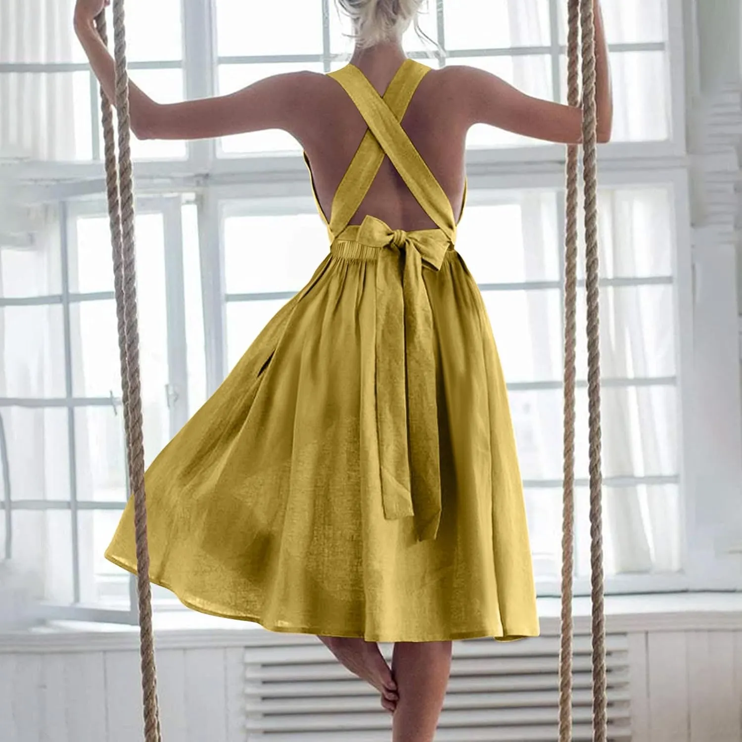 Women Cotton Linen A-line Dress Elegant Cross Lace-Up Backless Midi Dresses Summer Sleeveless Flowy Pleated Dress