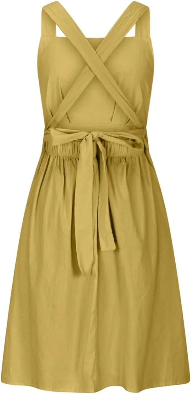 Women Cotton Linen A-line Dress Elegant Cross Lace-Up Backless Midi Dresses Summer Sleeveless Flowy Pleated Dress