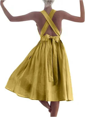 Women Cotton Linen A-line Dress Elegant Cross Lace-Up Backless Midi Dresses Summer Sleeveless Flowy Pleated Dress