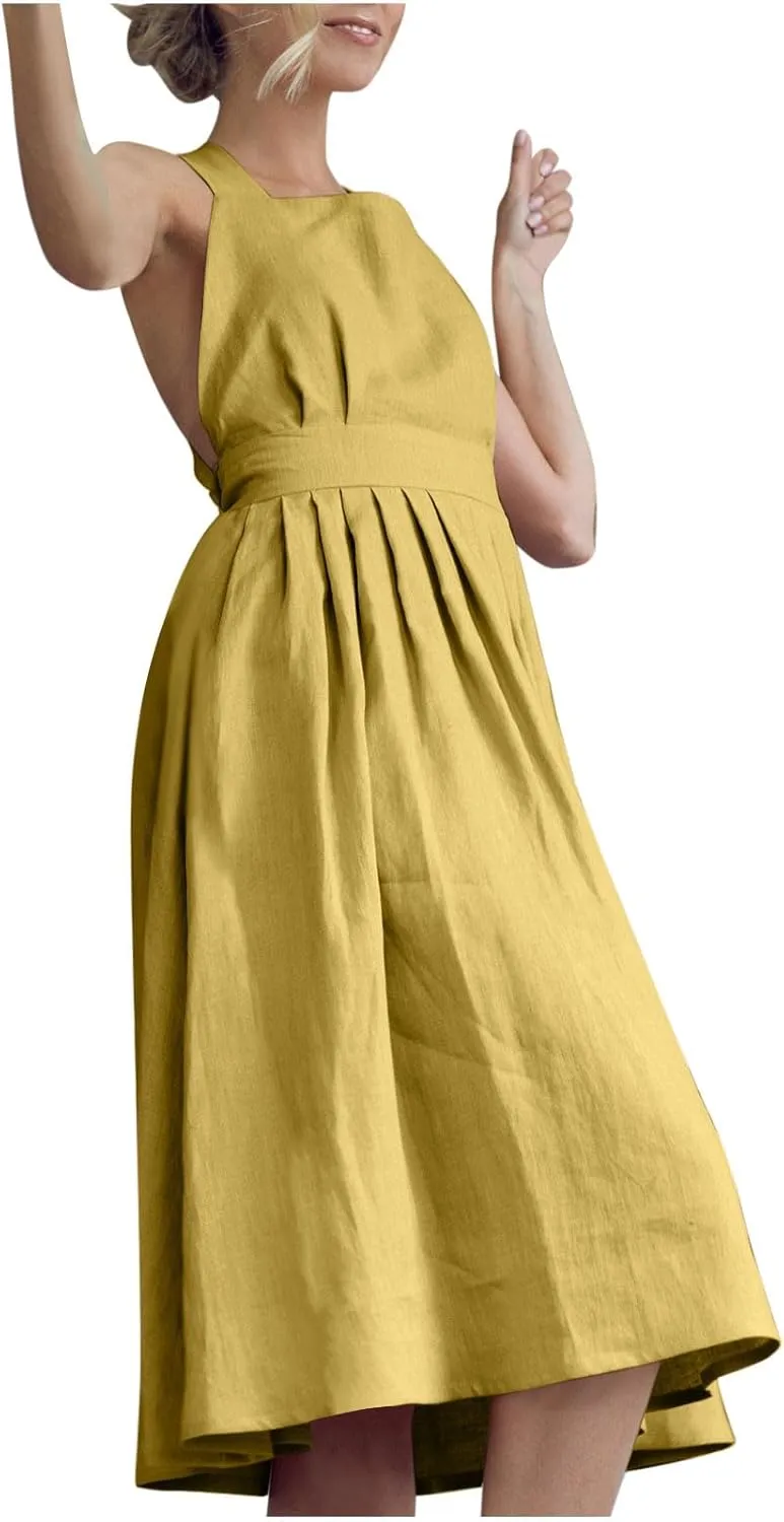 Women Cotton Linen A-line Dress Elegant Cross Lace-Up Backless Midi Dresses Summer Sleeveless Flowy Pleated Dress