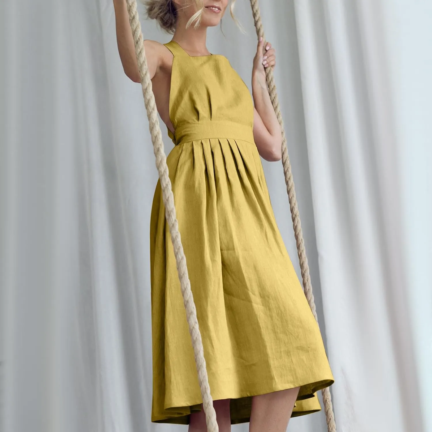Women Cotton Linen A-line Dress Elegant Cross Lace-Up Backless Midi Dresses Summer Sleeveless Flowy Pleated Dress