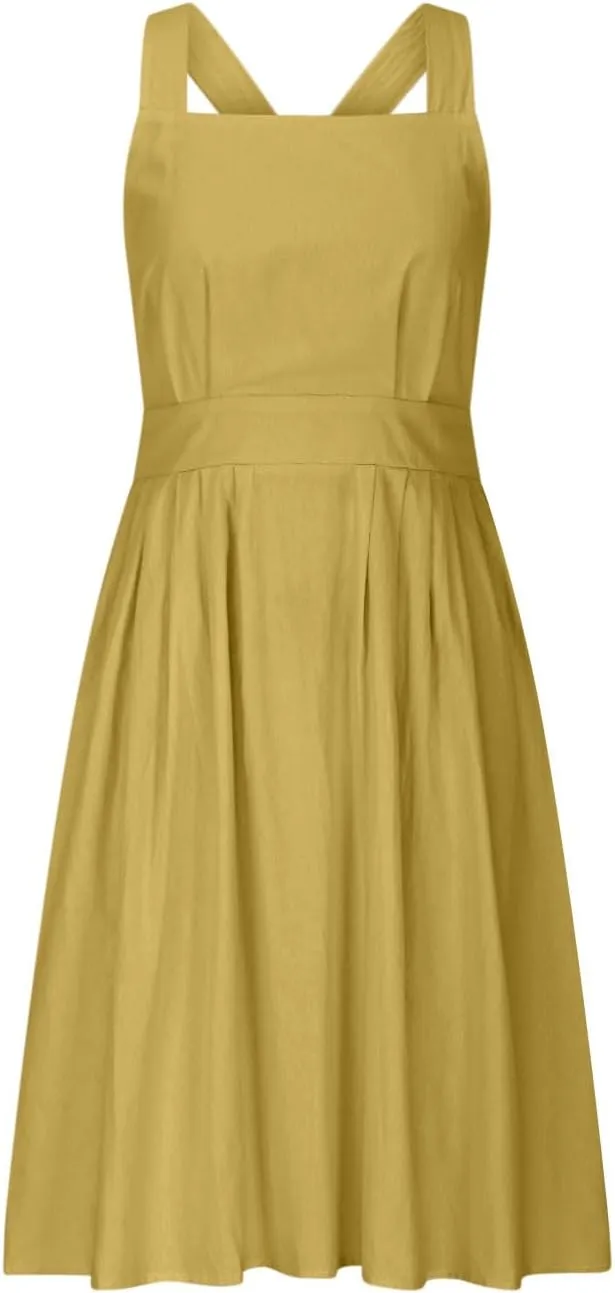 Women Cotton Linen A-line Dress Elegant Cross Lace-Up Backless Midi Dresses Summer Sleeveless Flowy Pleated Dress