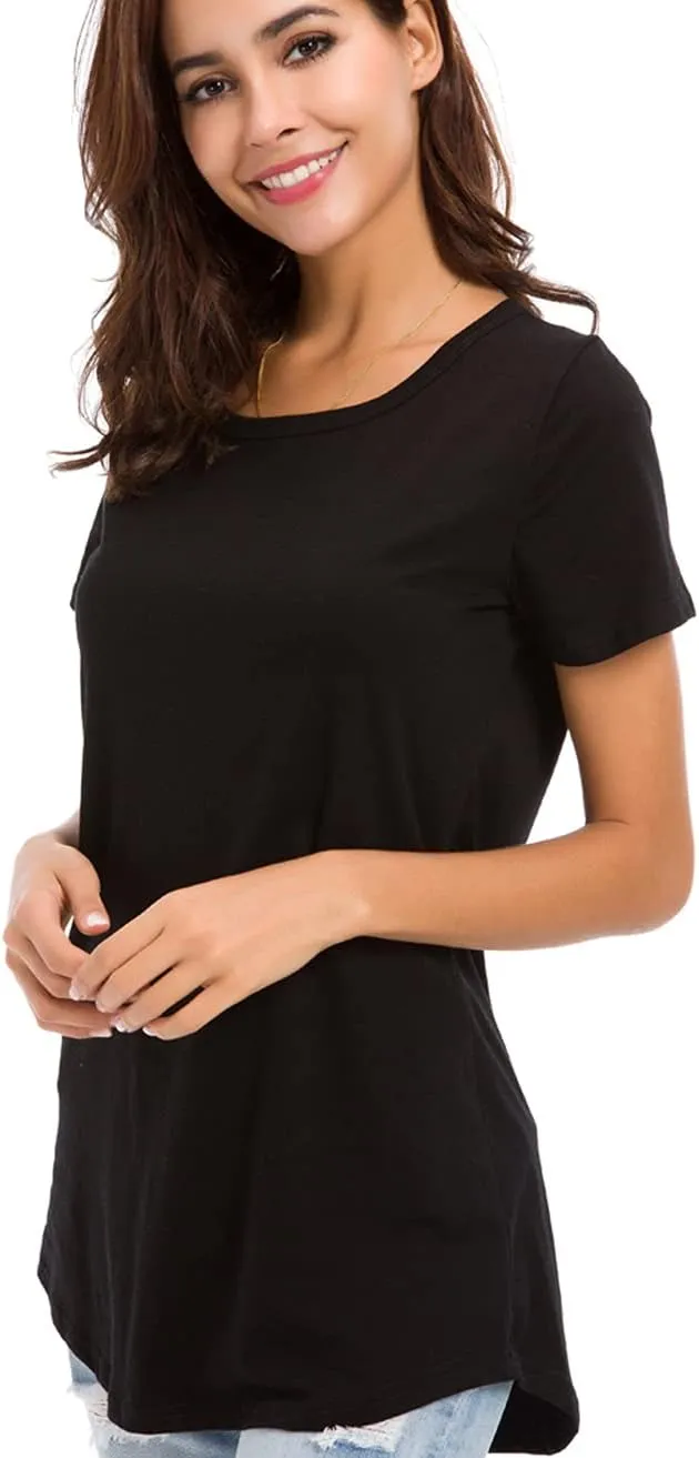 Women Cotton Short Sleeve Tunic Tops Casual Scoop Neck Summer Basic Solid T Shirt