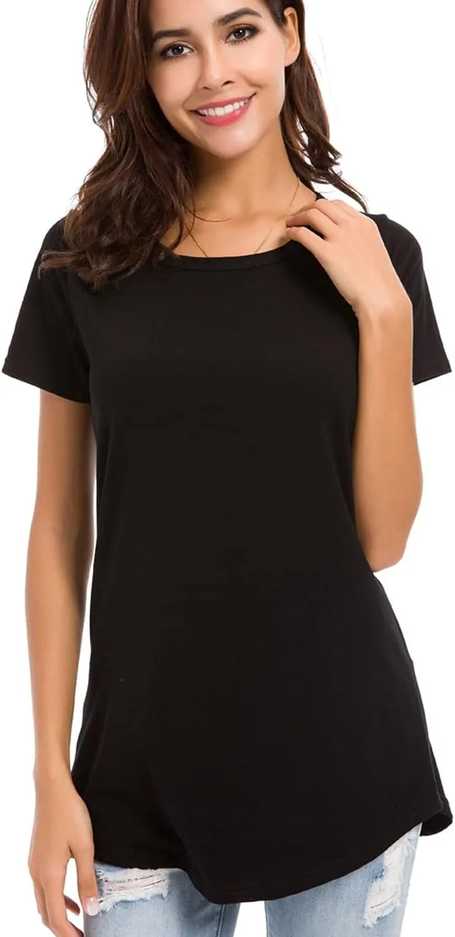 Women Cotton Short Sleeve Tunic Tops Casual Scoop Neck Summer Basic Solid T Shirt