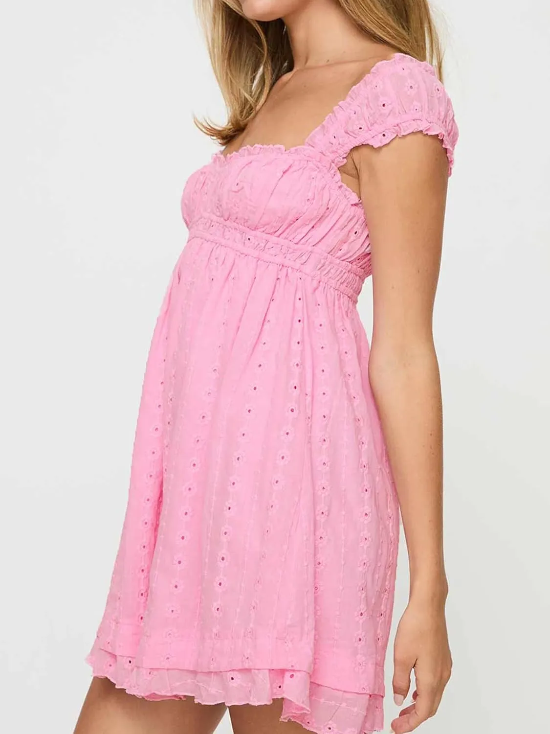 Women Eyelet Dress Ruffle Lace Strap Square Neck Floral Backless Mini Dress Summer Beach Club A Line Dress