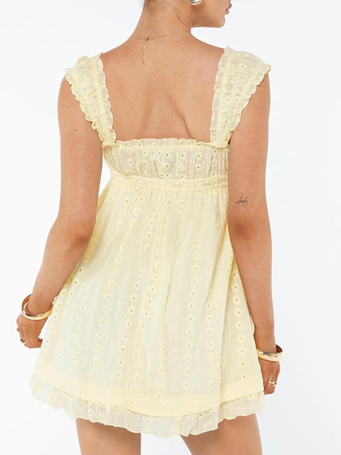 Women Eyelet Dress Ruffle Lace Strap Square Neck Floral Backless Mini Dress Summer Beach Club A Line Dress