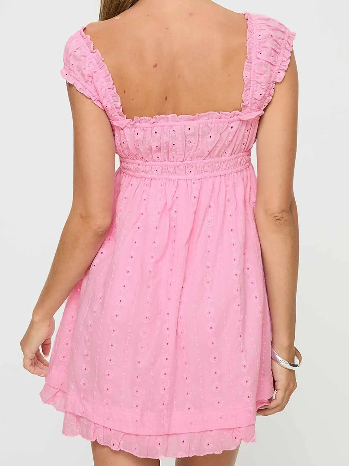 Women Eyelet Dress Ruffle Lace Strap Square Neck Floral Backless Mini Dress Summer Beach Club A Line Dress