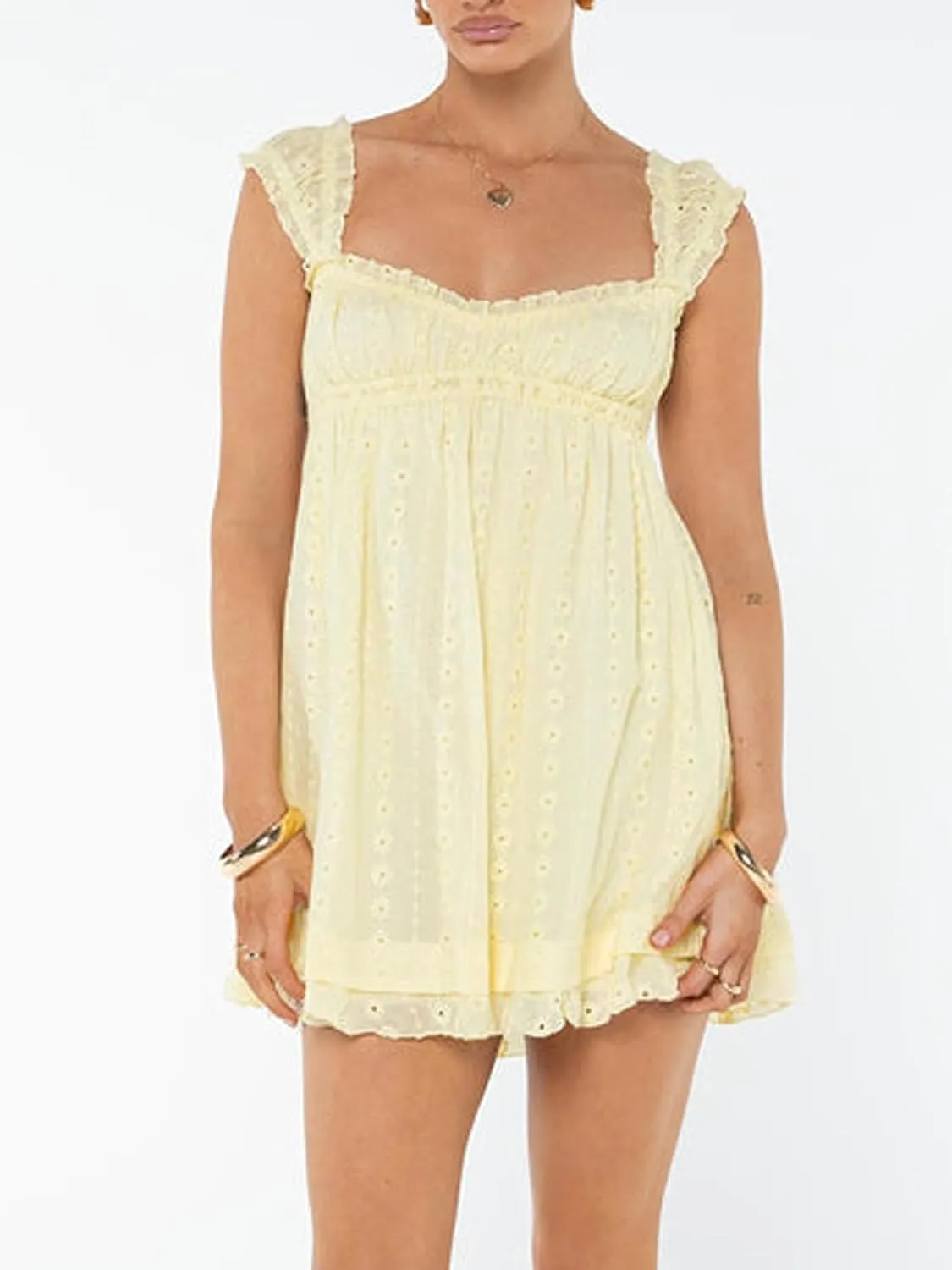 Women Eyelet Dress Ruffle Lace Strap Square Neck Floral Backless Mini Dress Summer Beach Club A Line Dress