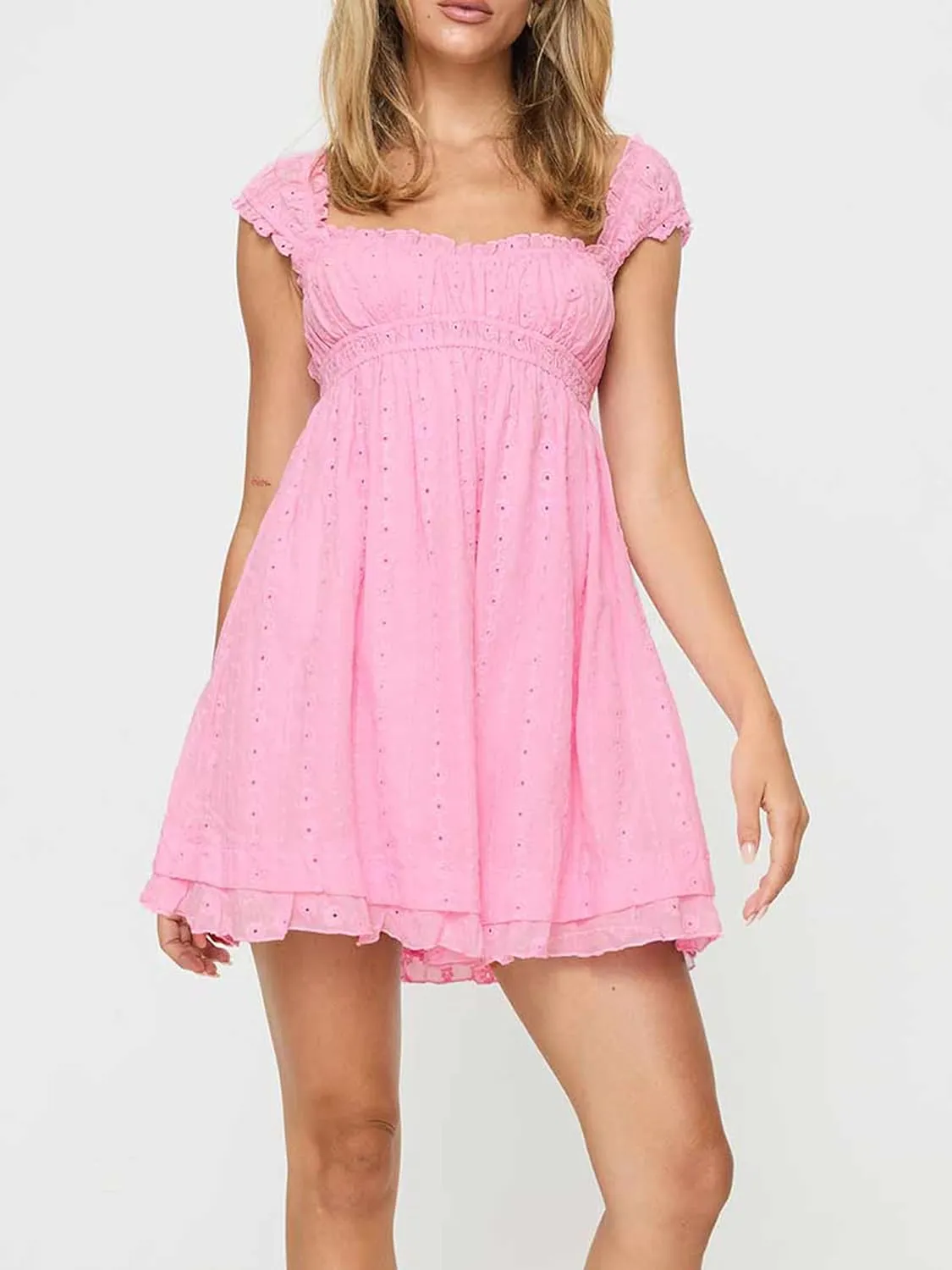 Women Eyelet Dress Ruffle Lace Strap Square Neck Floral Backless Mini Dress Summer Beach Club A Line Dress