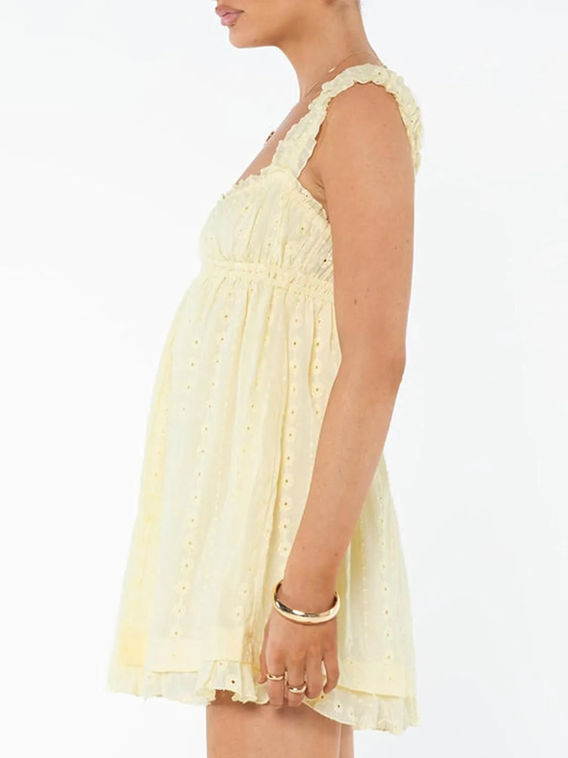 Women Eyelet Dress Ruffle Lace Strap Square Neck Floral Backless Mini Dress Summer Beach Club A Line Dress
