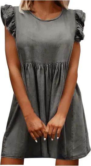 Women Fashion Ruffle Trim Sleeveless Babydoll Denim Dress Summer Round Neck Pleated Casual A-Line Mini Jean Dresses