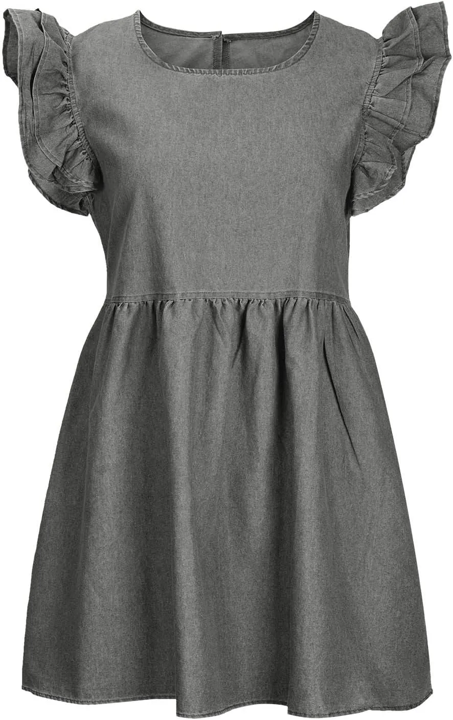 Women Fashion Ruffle Trim Sleeveless Babydoll Denim Dress Summer Round Neck Pleated Casual A-Line Mini Jean Dresses