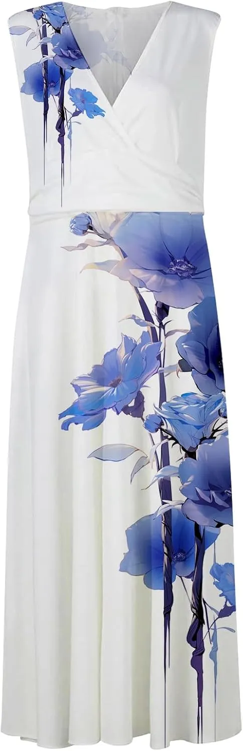 Women Floral Summer Casual Summer Sundress Sleeveless Halter Neck Spring Boho Floral Pocket Elastic Waist Ruffle Mini Dresses