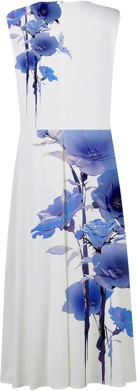 Women Floral Summer Casual Summer Sundress Sleeveless Halter Neck Spring Boho Floral Pocket Elastic Waist Ruffle Mini Dresses