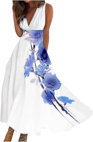 Women Floral Summer Casual Summer Sundress Sleeveless Halter Neck Spring Boho Floral Pocket Elastic Waist Ruffle Mini Dresses