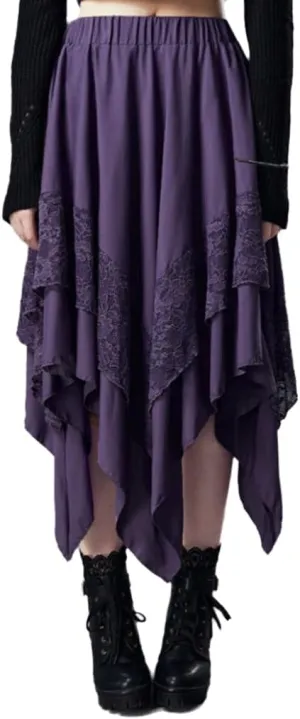 Women Goth Midi Skirt Layered Asymmetric Skirt Lace Ruffle Pleated Skirt