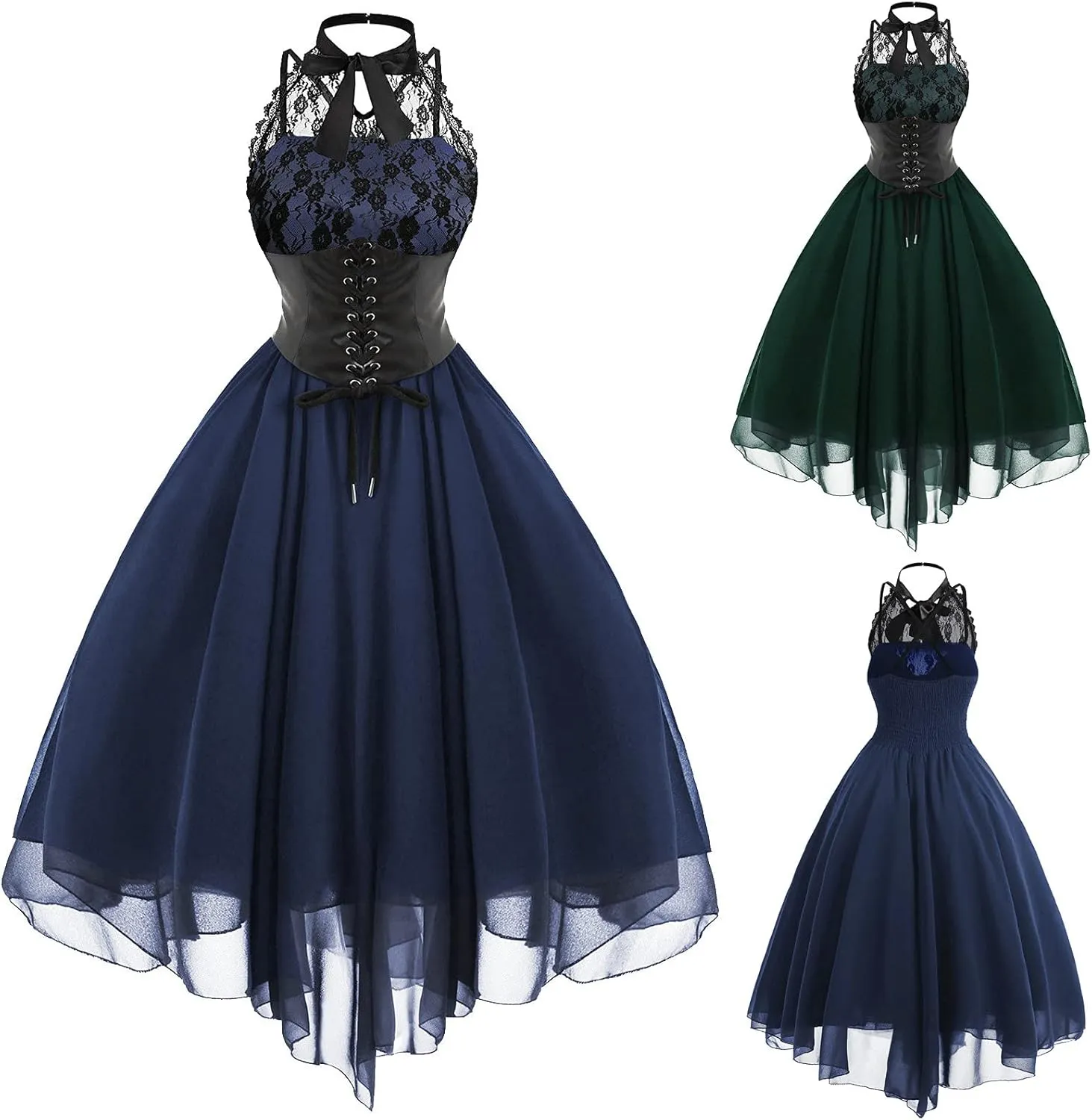 Women Gothic Sexy Dress Lace Panel Chiffon Dress Sexy Banquet Evening Dresses Goth Style Lace Halter Dress Swing Dress