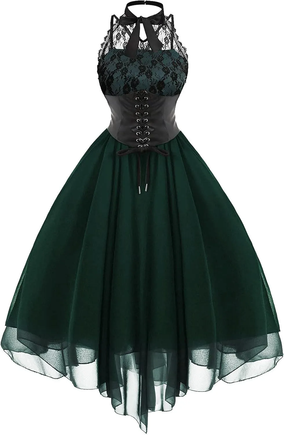 Women Gothic Sexy Dress Lace Panel Chiffon Dress Sexy Banquet Evening Dresses Goth Style Lace Halter Dress Swing Dress