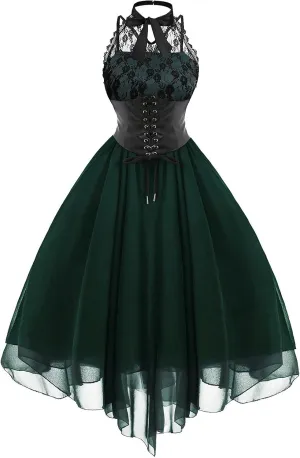 Women Gothic Sexy Dress Lace Panel Chiffon Dress Sexy Banquet Evening Dresses Goth Style Lace Halter Dress Swing Dress
