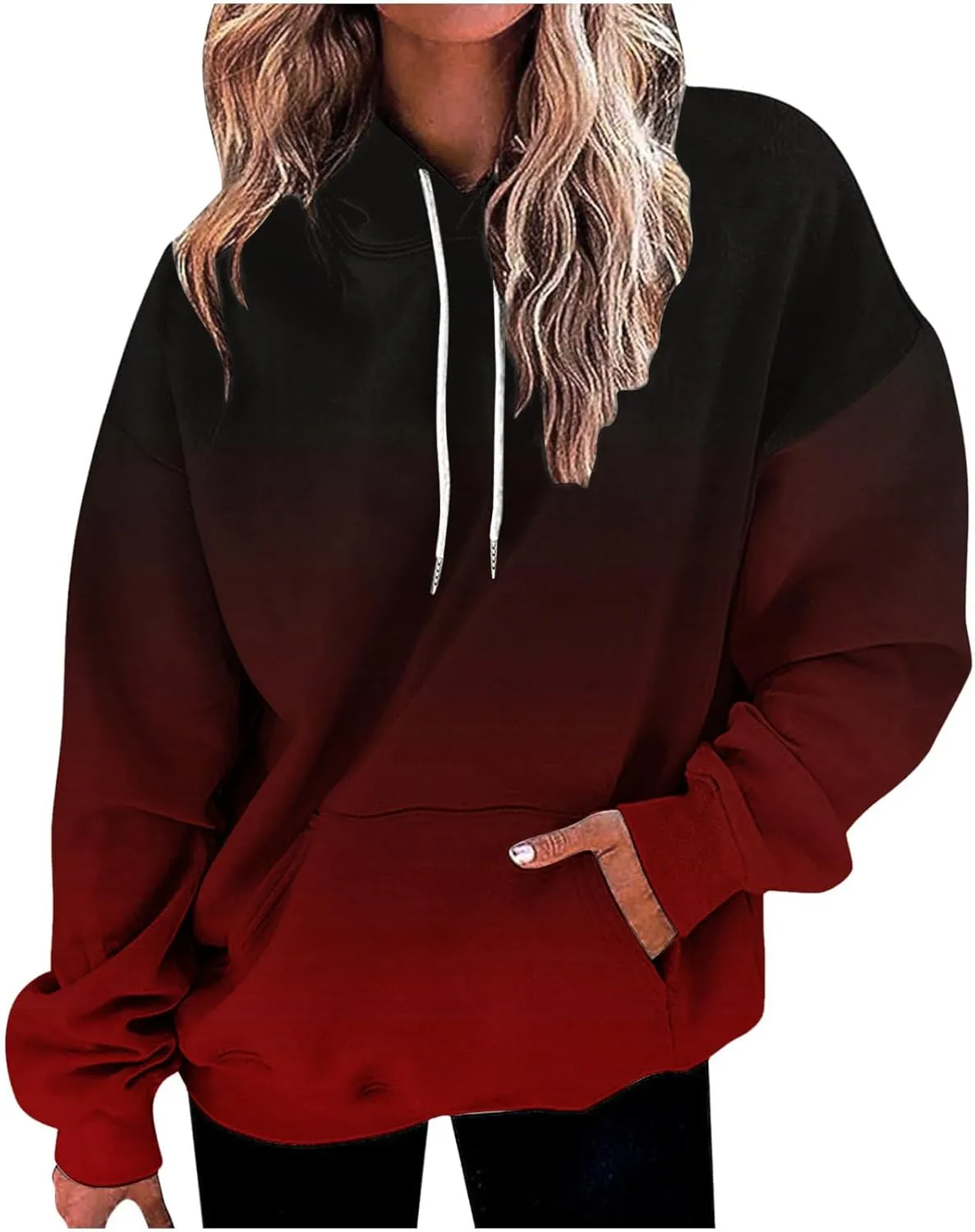 Women Hooded Sweatshirts Gradient Graphic Oversized Pullover Drawstraing Long Sleeve Trendy Sweater Tops with Pocket