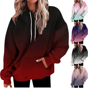 Women Hooded Sweatshirts Gradient Graphic Oversized Pullover Drawstraing Long Sleeve Trendy Sweater Tops with Pocket