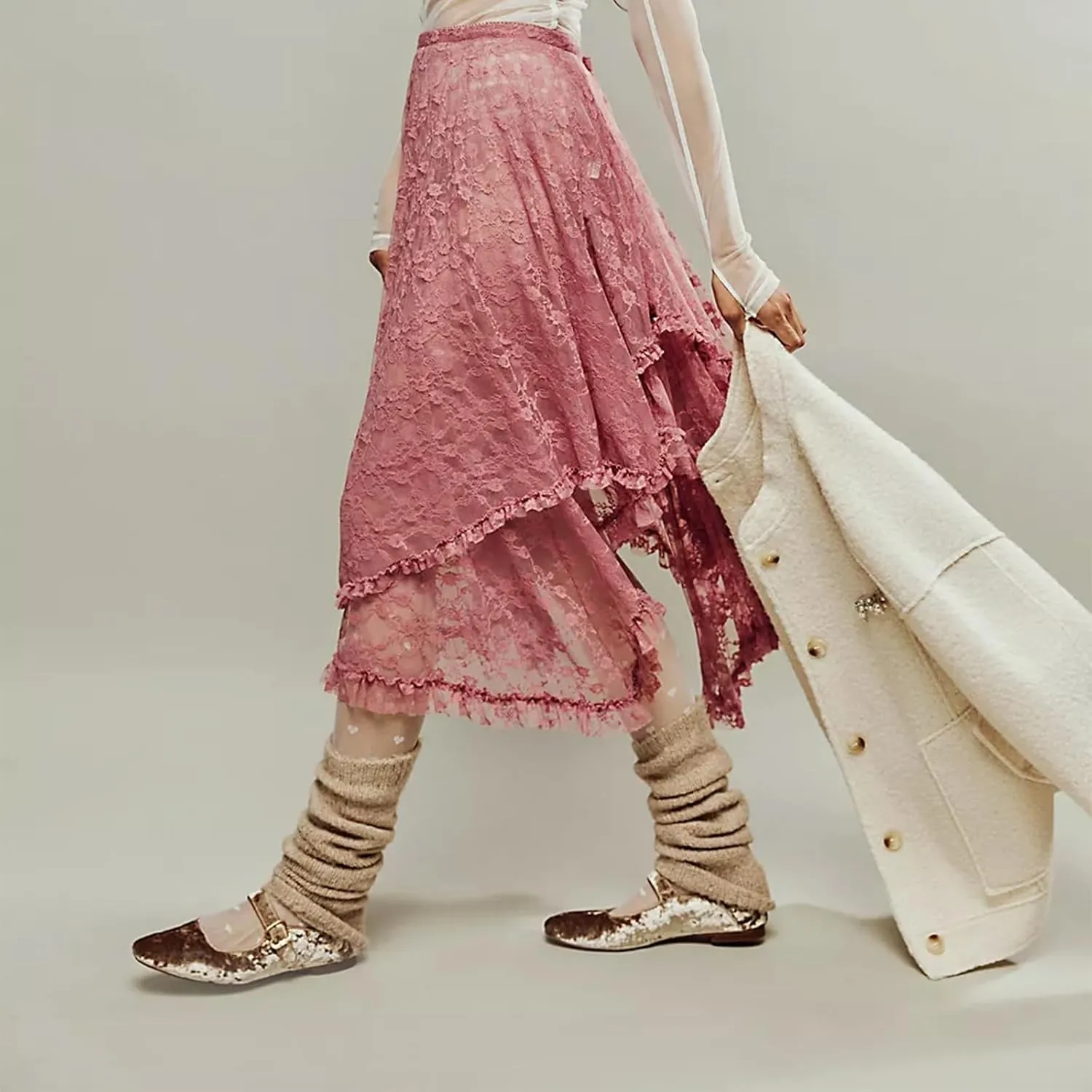 Women Lace Long Skirts Elastic Asymmetrical Layered See-Through Maxi Skirts Sexy Sheer Flowy Beach Cover-up Skirts