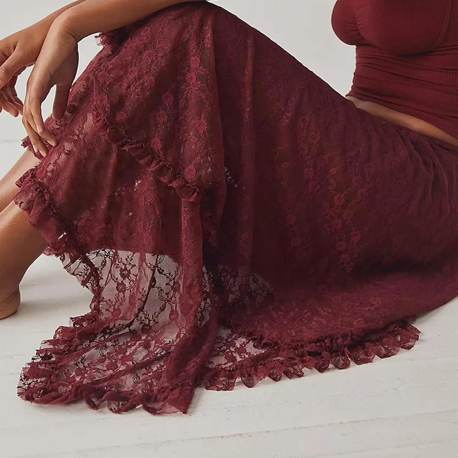 Women Lace Long Skirts Elastic Asymmetrical Layered See-Through Maxi Skirts Sexy Sheer Flowy Beach Cover-up Skirts
