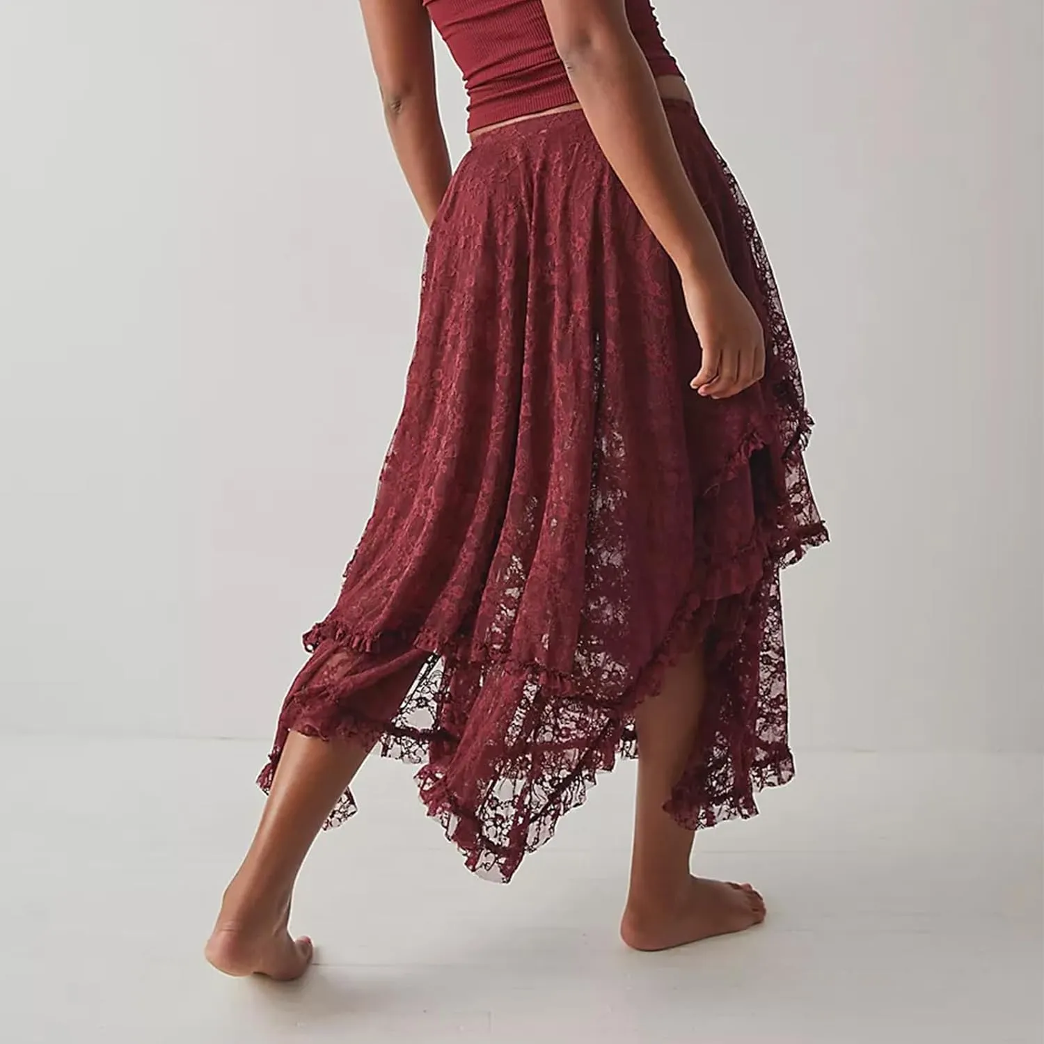 Women Lace Long Skirts Elastic Asymmetrical Layered See-Through Maxi Skirts Sexy Sheer Flowy Beach Cover-up Skirts